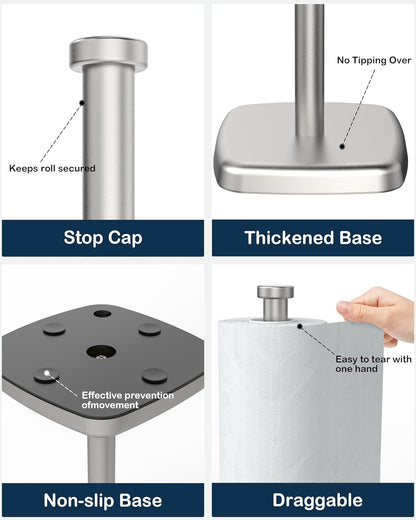Paper Towel Holder Countertop, Paper Towel Dispenser Standing Weighted Base Non-Slip, Fit Most Size Tissue Roll, Stainless Steel Paper Towel for Home Kitchen Countertop Tabletop, Sliver
