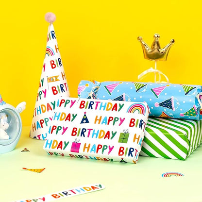 WRAPAHOLIC Mini Birthday Wrapping Paper Rolls - 3 Rolls, 17 Inch X 120 Inch Each - Happy Birthday Lettering and Stripe for Kids, Baby Shower