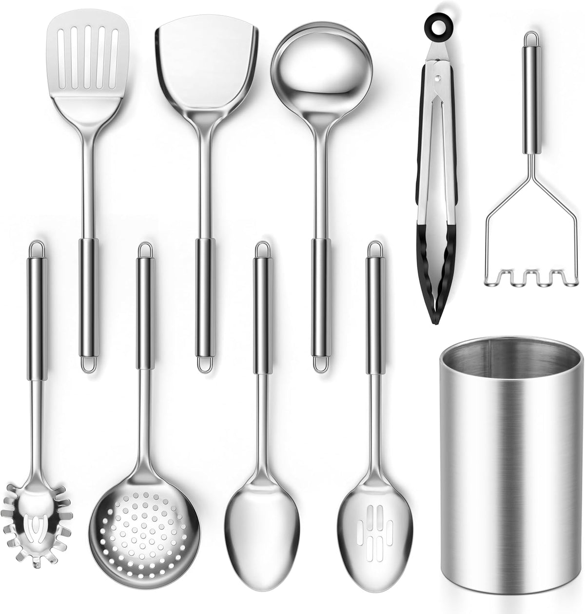 E-far Cooking Utensils Set, 10-Piece Stainless Steel Kitchen Utensils with Holder, Metal Heat Resistant Kitchen Cookware Tool Spatula Set for Cooking
