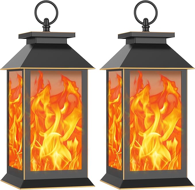 2 Pack Hanging Solar Lanterns, Hummingbird Flame Lantern, Outdoor Waterproof Upgraded Solar and 2 AA Batteries Powered, for Outside Porch, Patio and Indoor Tables, Mantelpiece.