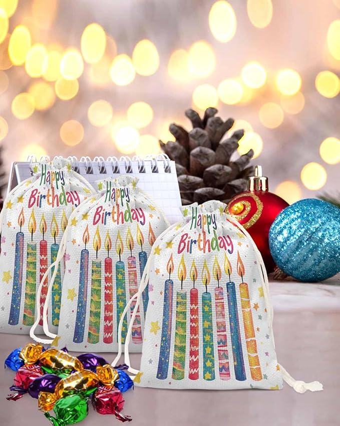 Victoroes Happy Birthday Drawstring Gift Bags 10 Pieces, 5" x 7" Small Colorful Star Candles Gift Bag Reusable Fabric Wrap Bags for Wedding Party Birthday Christmas Seasonal Holiday