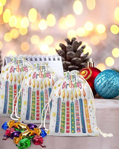 Victoroes Happy Birthday Drawstring Gift Bags 10 Pieces, 5" x 7" Small Colorful Star Candles Gift Bag Reusable Fabric Wrap Bags for Wedding Party Birthday Christmas Seasonal Holiday