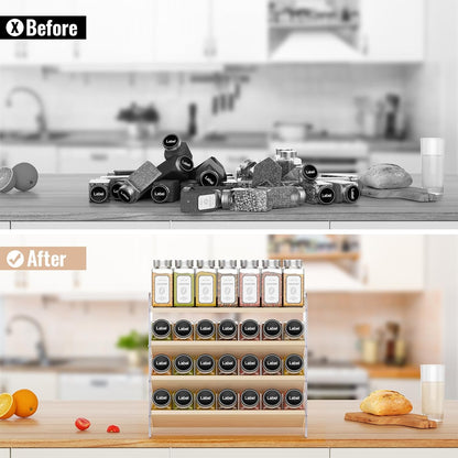 MUDEELA Clear Spice Rack Organizer for Cabinet, 4 Tiered Vertical Spice Shelf, Wooden Seasoning Organizer for Countertop, Kitchen, Pantry, Freestanding, 13.3" W × 11.2" H (No Jars Included)