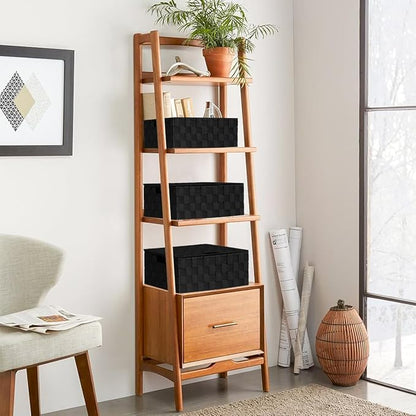 Woven Polypropylene Basket Set of 5, Woven Storage Basket, Woven Strap Baskets, Woven Basket Organizer for Bedroom, Bathroom, Office, Shelf, Dresser, Kitchen, Pantry, Black