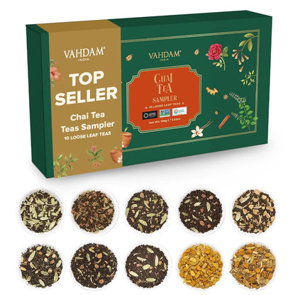 Vahdam, Assorted Chai Tea Loose Leaf Tea Gift Set (10 Flavors) Gift Ideas for Women & Men, Indian Exotic Chai Tea Blends, Resealable Ziplock Pouch