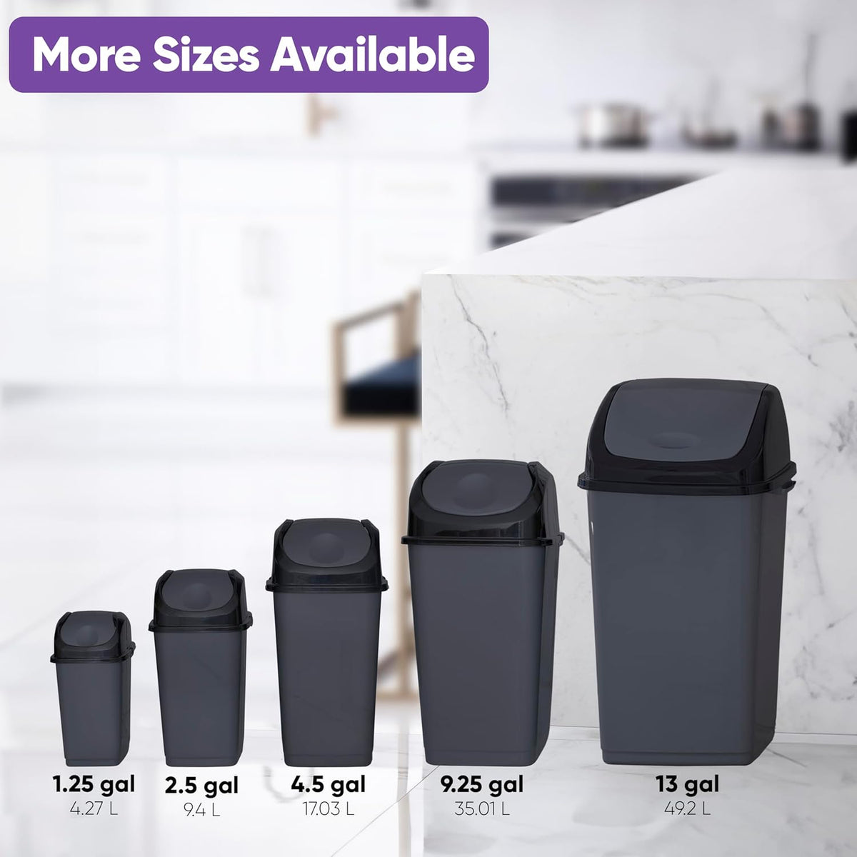Superio Kitchen Trash Can with Swing Top Lid 9 Gallon Slim Waste Bin 37 Qt Sturdy Plastic Garbage Can Medium Recycling Bin for Office, Bathroom, Under Counter, Dorm, Bedroom (Dark Grey)