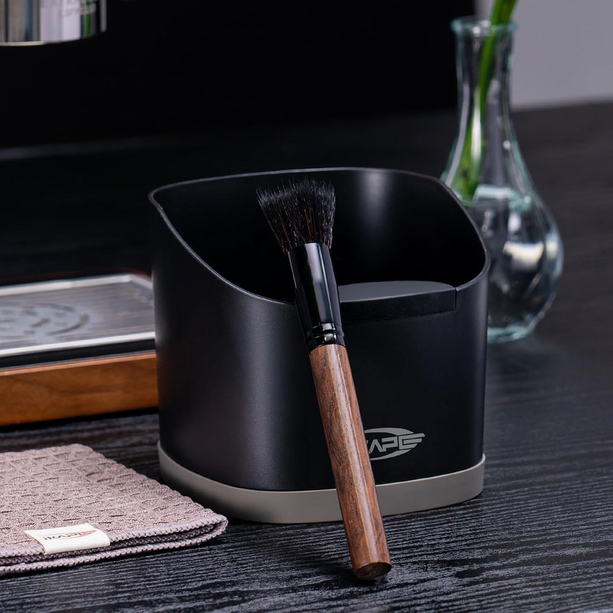 Ikape Espresso Kit 3 IN 1, Espresso Knock Box, Cleaning Towel & Brush for Barista-Grade Maintenance - Black Espresso Machine Coffee Puck Disposal Box