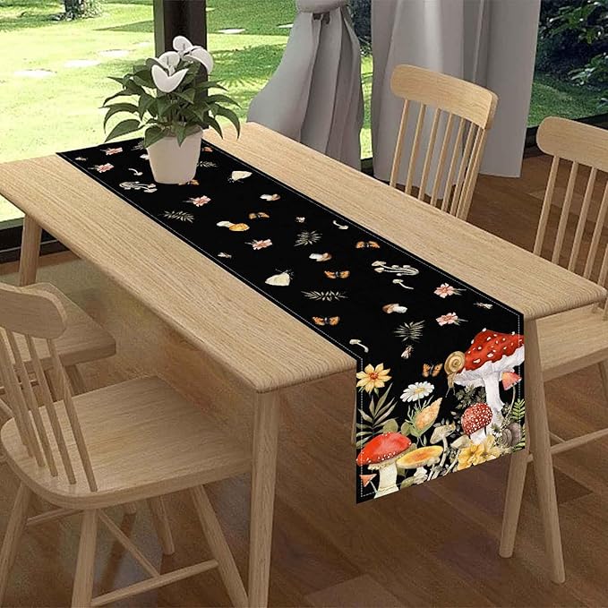 Mushroom Table Runner, Rustic Farmhouse Forest PlantsBotanical Wildfloral Coffee Table Center Decor for Home Kitchen Dining Patio Holiday Party Indoor Outdoor Table Decorations, 13"x72" Inch