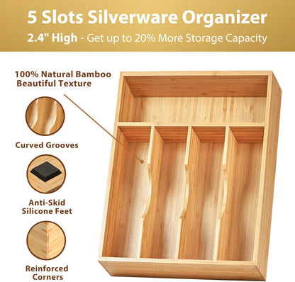 Umilife Kitchen Drawer Organizer, 10 Inch Silverware Utensil Tray Holder, Extra Deep, with Non-Slip Feet & Grooved Drawer Divider, 5 Slots Total Bamboo Wood Caddy for Flatware Cutlery Knives