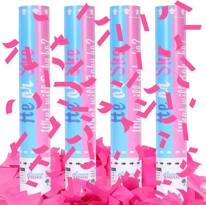 Gender Reveal Confetti Cannon - Set of 4 for Stunning Baby Gender Announcements, Perfect Gender Reveal Cannon for Parties and Celebrations (4 pink) (Non-Powder)