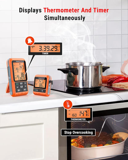 ThermoPro TP826 500FT Wireless Meat Thermometer, Dual Meat Probe Cooking Thermometer with HI/Low Alert, Food Grill Temperautre probe