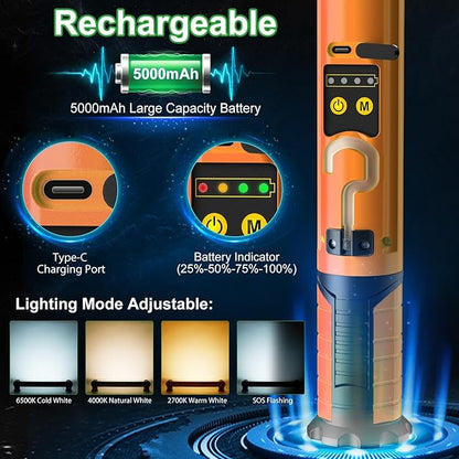 CLY Work Light Bar 3000LM Bright 5000mAh Rechargeable 4 Modes Magnetic Underhood Mechanic Light with Hooks Cordless Battery Powered for Car Repair, Garage, Underhood Emergencies Orange