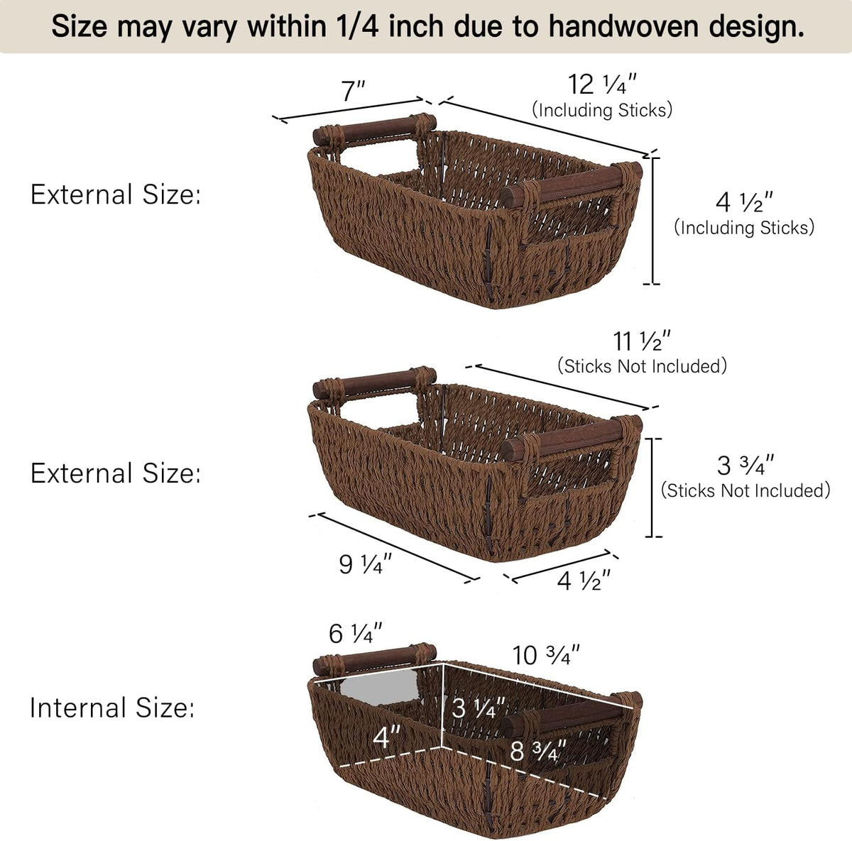 StorageWorks Handwoven Small Wicker Baskets, Round Paper Rope Storage Baskets with Wooden Handles, Dark Brown, 2-Pack