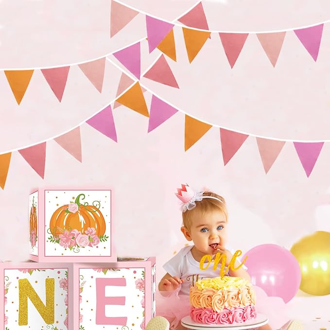 Zwiebeco 39Ft Orange Pink Fabric Bunting Banner Triangle Flags Party Decorations Hanging Cotton Garland Pennant for Engagement Wedding Baby Shower Birthday Festivals Nursery Home Outdoor Garden