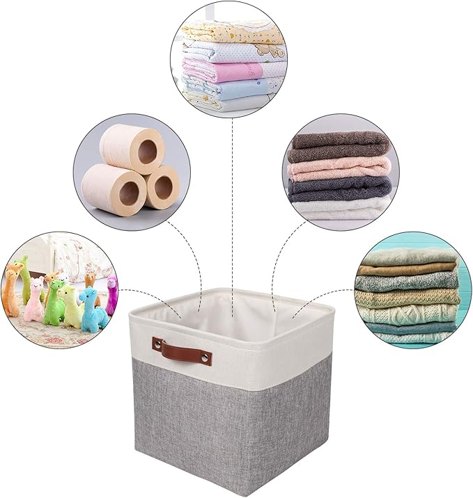 Univivi 13x13x13 Cube Storage Bins with Hard Bottom,4 Pack Storage Baskets with PU Handles Foldable Fabric Storage Bins for Clothes Organizing,Shelf,Gray