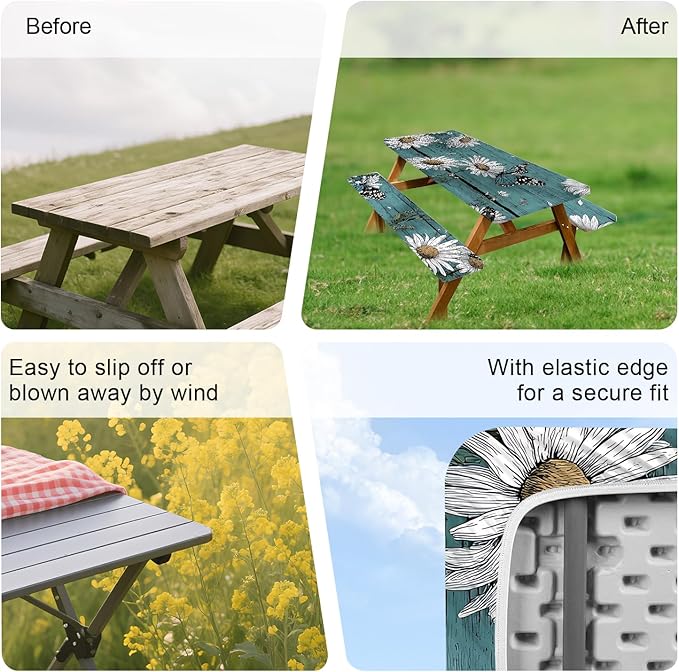 ANNA QUEEN 6FT Blue Daisies Picnic Table Cover with Bench Covers Spring Picnic Table Cover Set 3PCS 72"x30", Waterproof Outdoor Bench and Tablecloth Furniture Protection for Camping Beach BBQ Patio