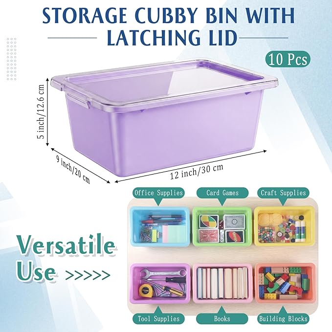 10 Pcs Cubby Bin with Clear Latching Lid Label Sticker Colored Plastic Stackable Book Storage Container for Classroom Office Home Sorting Arts Craft Desk Organizer(Macaron)