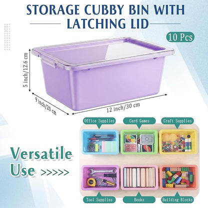 10 Pcs Cubby Bin with Clear Latching Lid Label Sticker Colored Plastic Stackable Book Storage Container for Classroom Office Home Sorting Arts Craft Desk Organizer(Macaron)