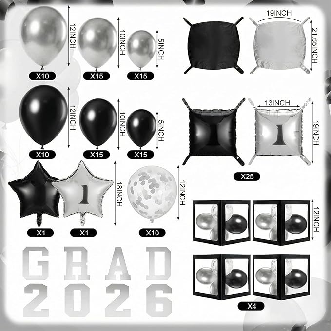 Seenelling 133 Pcs Graduation Decorations 2026 Set Black Sliver Balloons Boxes with Letters 2026 Grad Square Foil Balloons Complete Party Supplies for High School College Celebrations