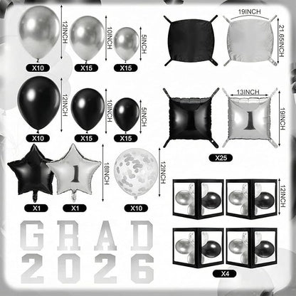 Seenelling 133 Pcs Graduation Decorations 2026 Set Black Sliver Balloons Boxes with Letters 2026 Grad Square Foil Balloons Complete Party Supplies for High School College Celebrations