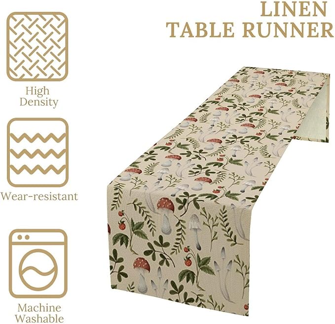 Mushroom Table Runner,Vintage Rustic Boho Botanical Plant Print Tablerunner for Home Kitchen Dining Coffee Table Indoor Outdoor Party Decor 13x108in