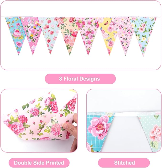 G2PLUS Floral Tea Party Banner, 39Ft Pre-Strung Flower Bunting Garland, Double Sided Paper Pennant Banner Garland for Birthday, Baby Shower, Bridal Shower, Garden, Spring Party Decor (Pink)