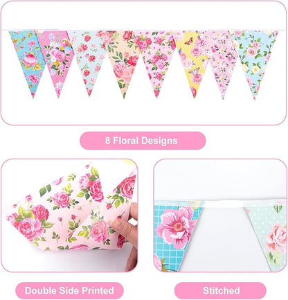G2PLUS Floral Tea Party Banner, 39Ft Pre-Strung Flower Bunting Garland, Double Sided Paper Pennant Banner Garland for Birthday, Baby Shower, Bridal Shower, Garden, Spring Party Decor (Pink)