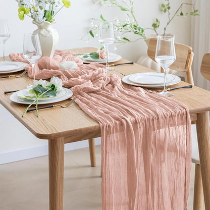 Asee'm 4pcs Cheesecloth Table Runner 120 Inches Dusty Pink Boho Gauze Cheese Cloth Runner 10FT Rustic Sheer Table Runners for Summer Wedding Baby Shower Holiday Party Decoration
