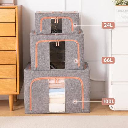 GuliPostan 3 Pack 66L Stackable Clothes Storage Bins with Metal Frame Handles & Zipper, Collapsible Closet Organizer Box with Lid for Bedding Blankets Towel (Grey)