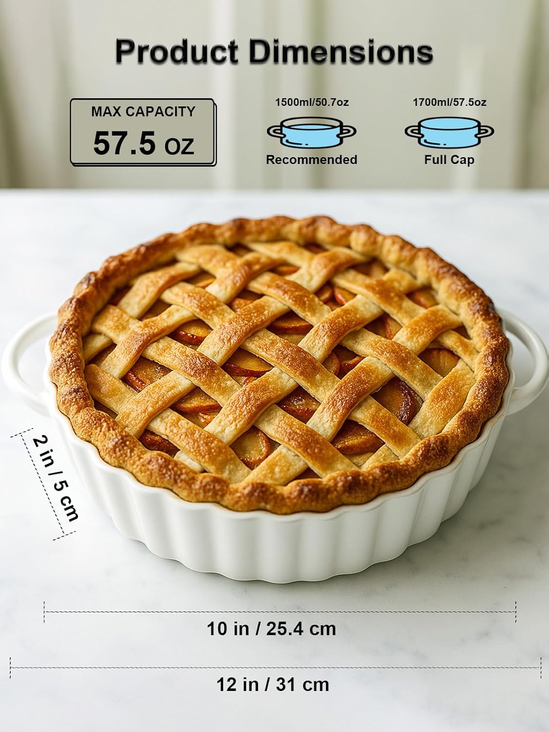 10×2in Deep Ceramic Pie Pan with Handles for Pie Quiche Tart Baking. Easy to grip, Lead-Free