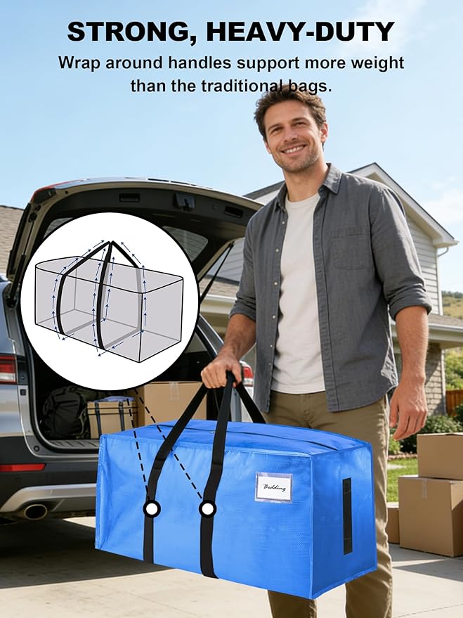 HOMESURE 4 Pack Large Strong Moving Bags with Zippers & Carrying Handles - Water-Resistant - Heavy Duty Storage Tote for Space Saving, Fold Flat, Alternative to Moving Box (Sky Blue)