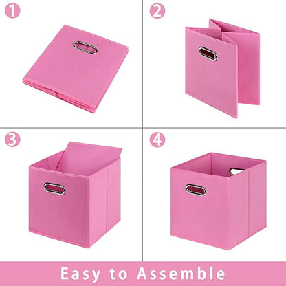 Fabric storage bins Cubes, Fabric Cube Organizer with Handle, Foldable Cube Bins for Cloth or Accessary Storage, 11x11x11, Set of 3, (Pink)