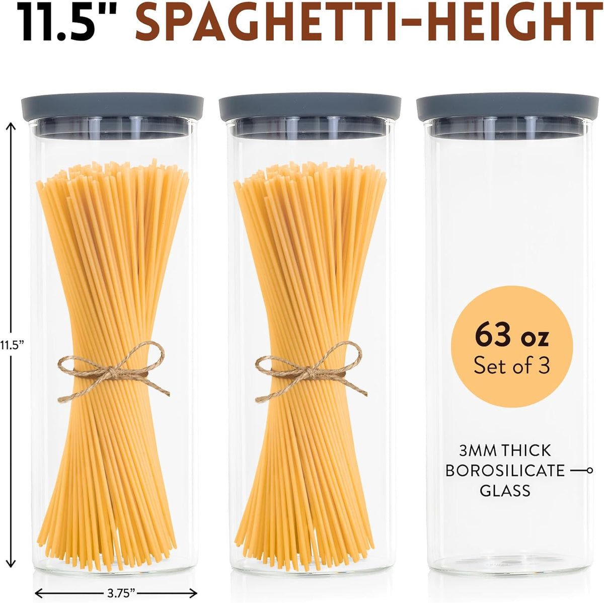Glass Spaghetti Containers with Airtight Silicone Lids – BPA-Free Pantry Storage Jars for Pasta, Rice, Flour, and Dry Foods