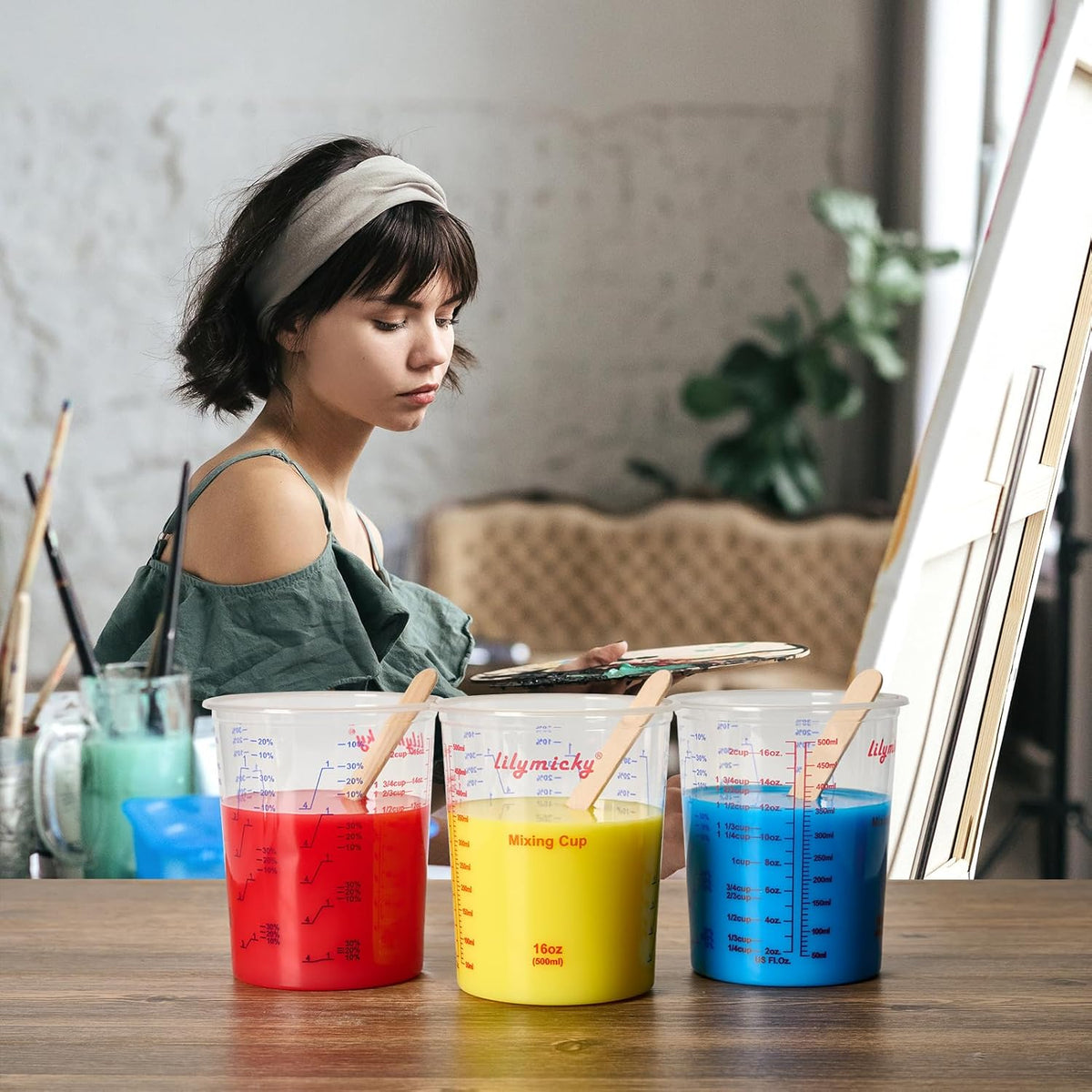 16 oz Plastic Mixing Cups, 100 Pack 16 oz (500ml) Disposable Measuring Cups with 100 Wooden Mixing Sticks, Can Be Used for Epoxy Resin