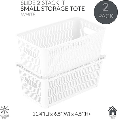 Simplify 4Pk Small Slide 2 Stack It Tote Basket | Storage & Organization | Open Bins with Stackable Capability | Bathroom | Crafts | Pantry | Playroom | Office | White