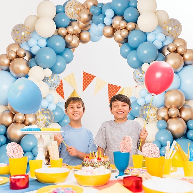 DBKL Dusty Baby Blue Balloon Arch Garland Kit, Different Sizes 18 12 10 5 inch Pastel Baby Blue Slate Fog Ivory White Metallic Gold Balloons for Men Boy Baby Shower Birthday Wedding Party Supplies