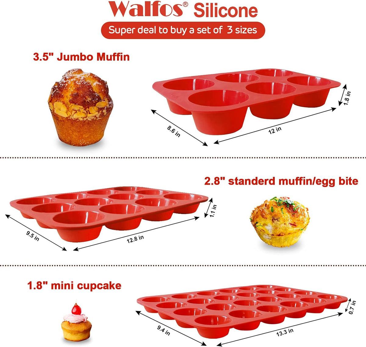 Walfos Silicone Muffin Pan - Cupcake Pans Set of 3, Including 24 Cups Mini Muffin Pans, 12 Cups Regular & 6 Cups Jumbo Muffin Pan, Pop Out Easily