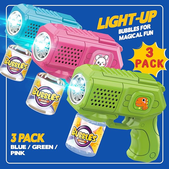Bubble Guns with Bubble Solution- 3 Pack, Bubbles Gun, Blaster, Blower, Maker, Machine for Boys Girls, Birthday Gifts for Ages 3 4 5 6 7 8 Year Old Kid, Outdoor Toys for Toddlers, Party, Wedding