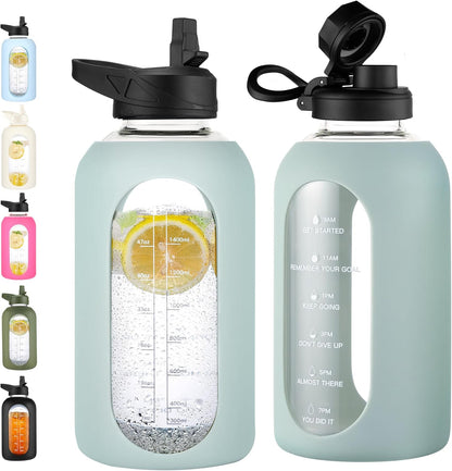 CIVAGO 64 oz Glass Water Bottle Jug with Straw and Handle, Half Gallon Sports Motivational Bottle with Time Marker and 2 Lids, Flask Canteen with Silicone Sleeve for Gym, Sage