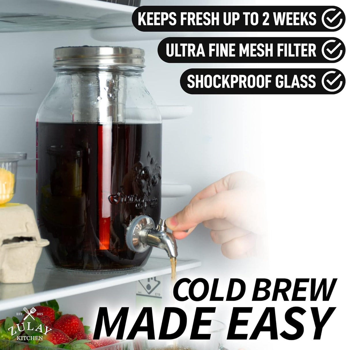 Zulay Kitchen 1.5 Liter Cold Brew Coffee Maker with EXTRA-THICK Glass Carafe & Stainless Steel Mesh Filter - Premium Iced Coffee Maker