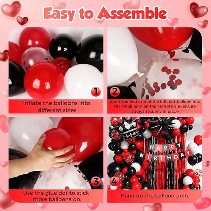 Red and Black Birthday Party Decorations 152Pcs, Red Black White Balloons Arch Kit with Banner Fringe Curtains for 16th 18th 21st 24th 32th 40th 50th 60th Birthday Decorations for Men