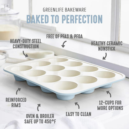 GreenLife 12-Cup Muffin Pan, Healthy Ceramic Nonstick Bakeware, PFOA & PFAS-Free Cupcake Tray, Durable Baking Pan, Versatile Kitchen Essential, Easy Clean Muffin Mold, Nonstick Baking Sheet, Blue Haze