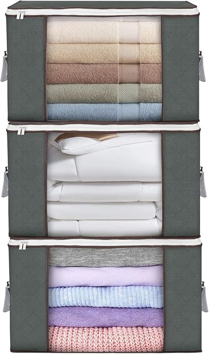 Large Storage Bags, 3 Pack Clothes Storage Bins Foldable Closet Organizers Storage Containers with Durable Handles Thick Fabric for Blanket Comforter Clothing Bedding 90 L (Gray)