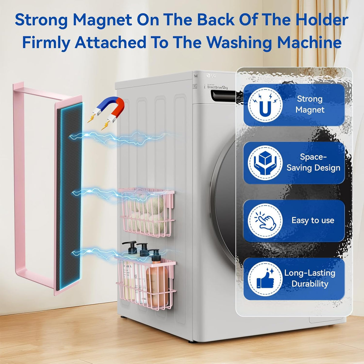 Magnetic Dryer Ball Holder and Magnetic Hanger Holder for Laundry Room Organization and Storage, Magnetic Lint Bin for Laundry Room, Iron Basket Dryer Ball Container for Laundry Room Storage (Pink)