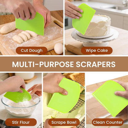 Schvubenr Premium Dough Scraper Set with 2 Flexible Bowl Scrapers - Stainless Steel Dough Cutter & Bench Scraper with Measuring Scale