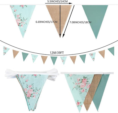 Zwiebeco 39Ft Sage Green Floral Fabric Pennant Banner Vintage Burlap Triangle Flag Retro Flower Bunting Party Decoration for Birthday Engagement Wedding Bridal Baby Shower Rustic Village Garden Decor