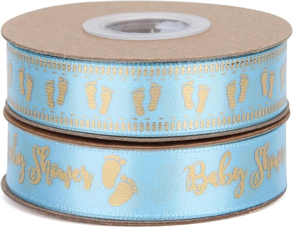 Meseey 20 Yards Baby Ribbon Foot Print Blue and Gold Ribbons for Crafts Cake Baby Shower Birthday,Gift Wrapping, Party Decoration (2 roll Blue)