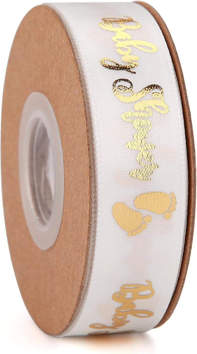 Meseey 20 Yards Welcome Baby Ribbon White and Gold Foot Print Ribbons for Crafts Cake Baby Shower Birthday,Gift Wrapping, Party Decoration (5/8", White-bs)
