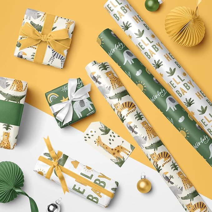 WRAPAHOLIC Kraft Baby Shower Wrapping Paper - Mini Roll - 3 Rolls - 17 Inch x 120 Inch - Jungle Animal Wrapping Ppaer for Neutral Baby Shower, Kids Boys Girls Birthday