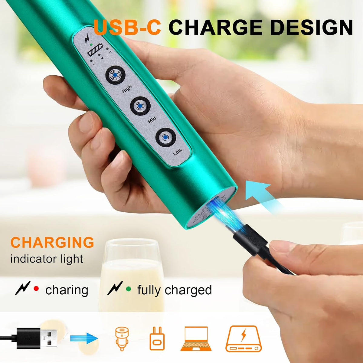 Yuswko Turquoise Handheld Milk Frother Wand for Coffee, Rechargeable Electric Whisk with 3 Heads 3 Speeds Drink Mixer Coffee Frother For Latte